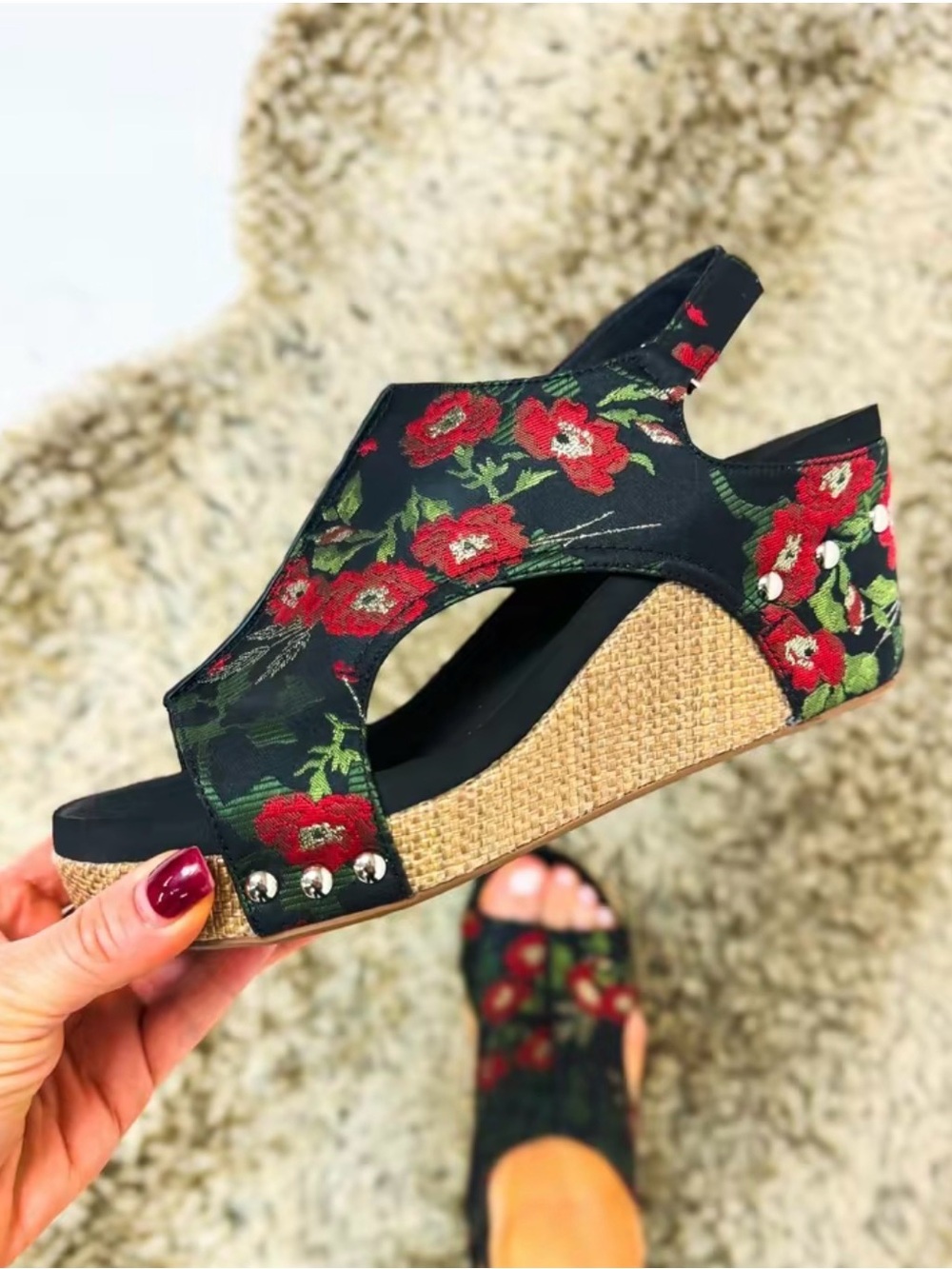 Corkys Black Wedge Sandals with Red Floral Print - Picture 2 of 4